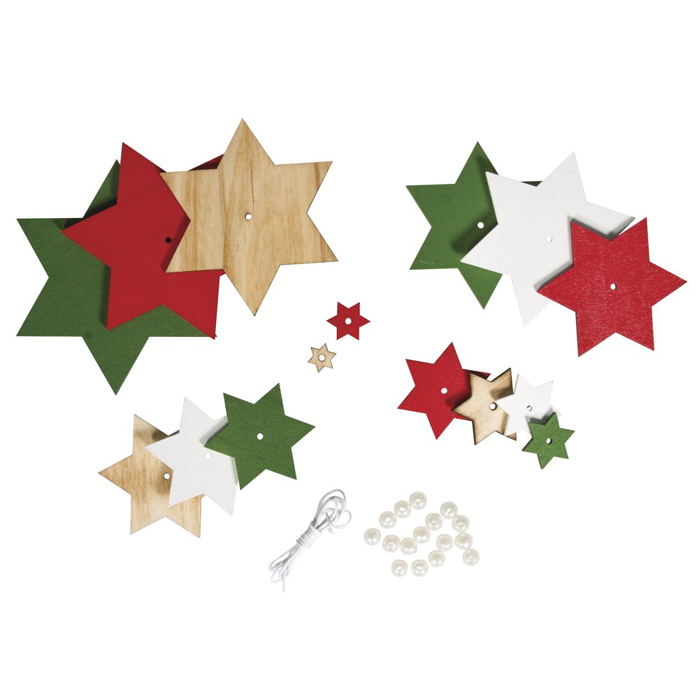Rayher 66050000 Wooden Star Set Red/Green Tones 11 x 16 cm Decoration for Hanging