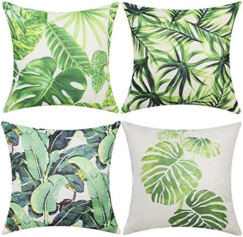 Tropical Leaves Series Spring Throw Pillow Covers 18x18 inches Outdoor Throw Pillow Cases Decorative Cushion Cover Cotton Linen Farmhouse Home Decor for Couch Sofa Bedroom Car Porch Pillow Set of 4