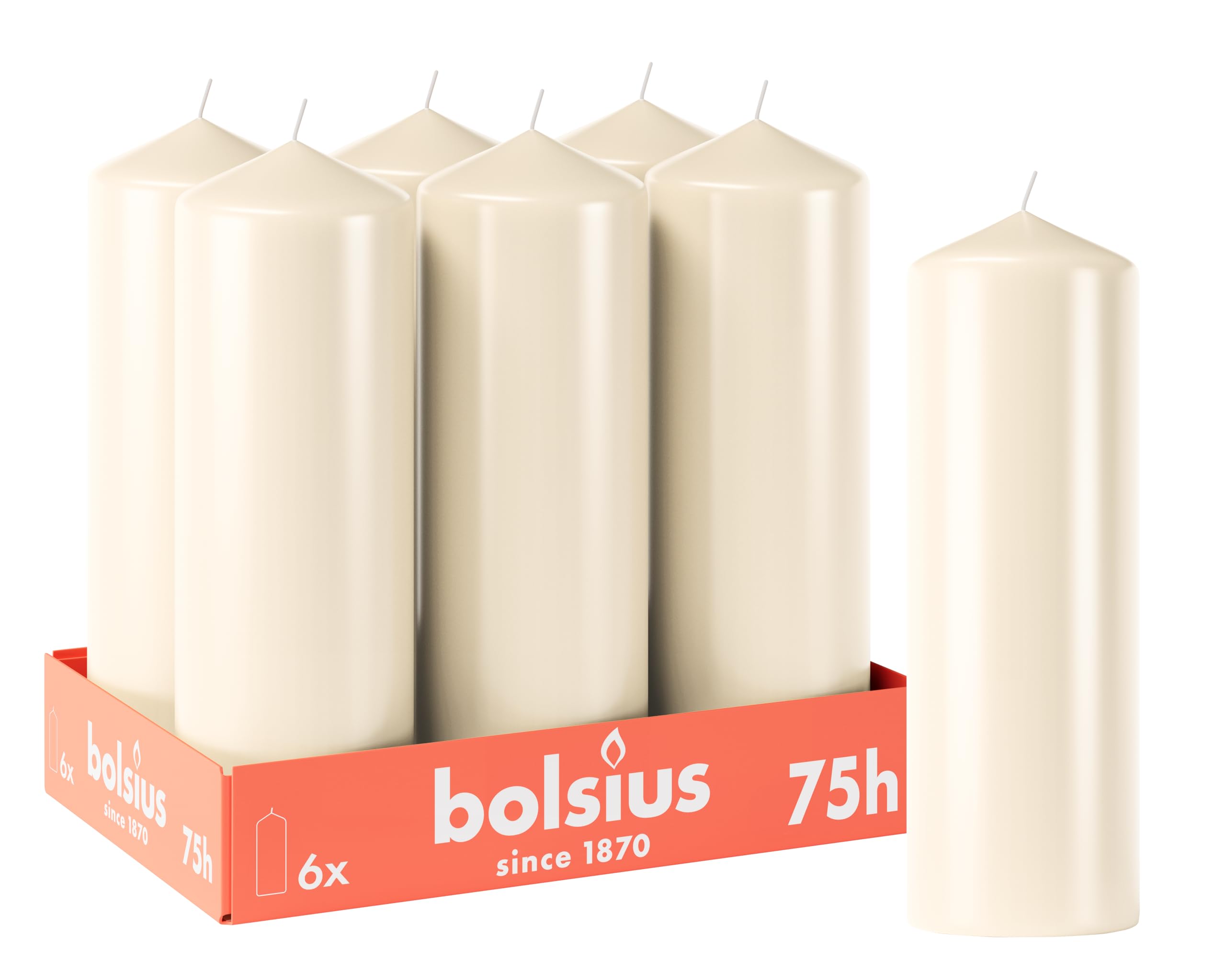 Bolsius Smooth Pillar Candles - Ivory - Pack of 6-20 x 7 cm - Decorative Household Candles - Burn Time 75 Hours - Unscented - Contains Natural Plant Wax - Without Palm Oil