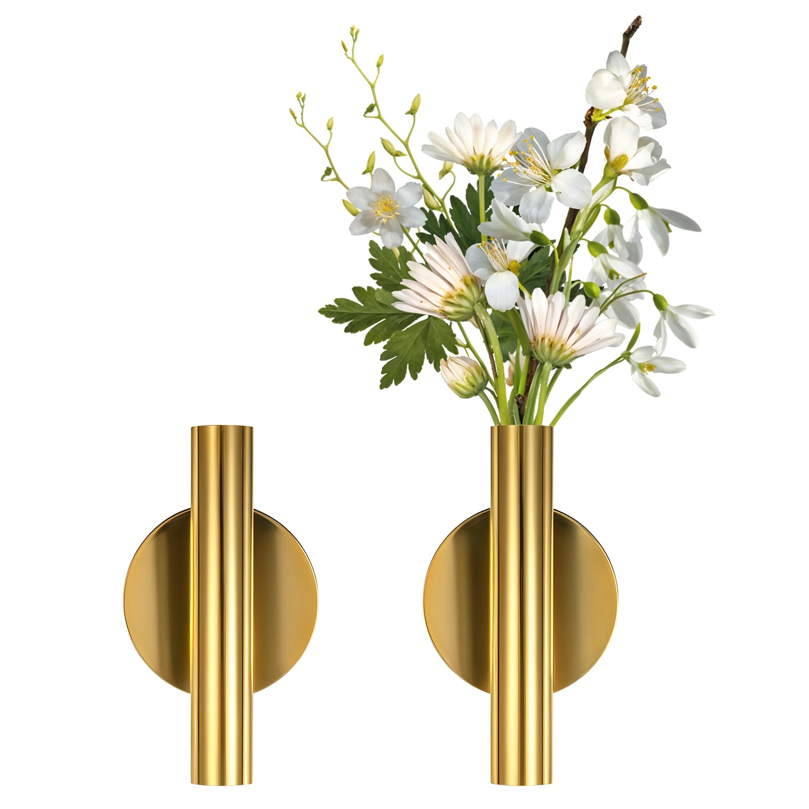 Photo 1 of 2 PCS Wall Vases for Flowers, Gold Flower Vase Metal Hanging Plant Holder Small Gold Vase Flowers Tube Wall Planter Hanging Vase for Modern Home Decor Display Dried Faux Flower Fake Flower