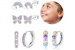 ADRAMATA Hypoallergenic Earrings for Girls Women 925 Sterling Silver Earrings Small Huggie Hoop Earrings Tiny Cute CZ Butterfly Star Silver Stud Kids Earrings For Sensitive Ear Over 3 Years Old
