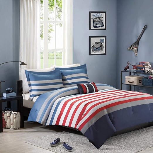 Amazon Com N2 4 Piece Grey Blue Red White Rugby Stripes Comforter