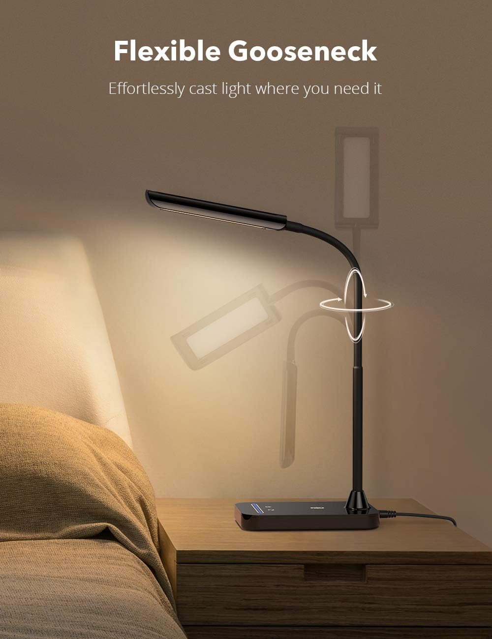 TaoTronics LED Desk Lamp, TT-DL11 Flexible Gooseneck Table Lamp, 5 Color Temperatures with 7 Brightness Levels, USB Charging Port, Memory Function, 7W, Official Member of Philips EnabLED Licensing Program - - 