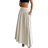 QJQ Women's Fall Boho Flowy Flared Ruffle Maxi Skirt High Waisted Long Flowy Pleated Skirts with Pocket