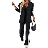 Women’s 2 Piece Business Casual Suit Set Striped Button Blazer and Wide Leg Pants Office Work Outfit with Pockets