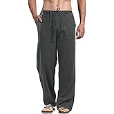 perdontoo Mens Casual Cotton Linen Pants Elastic Waist Drawstring Straight Summer Beach Pants