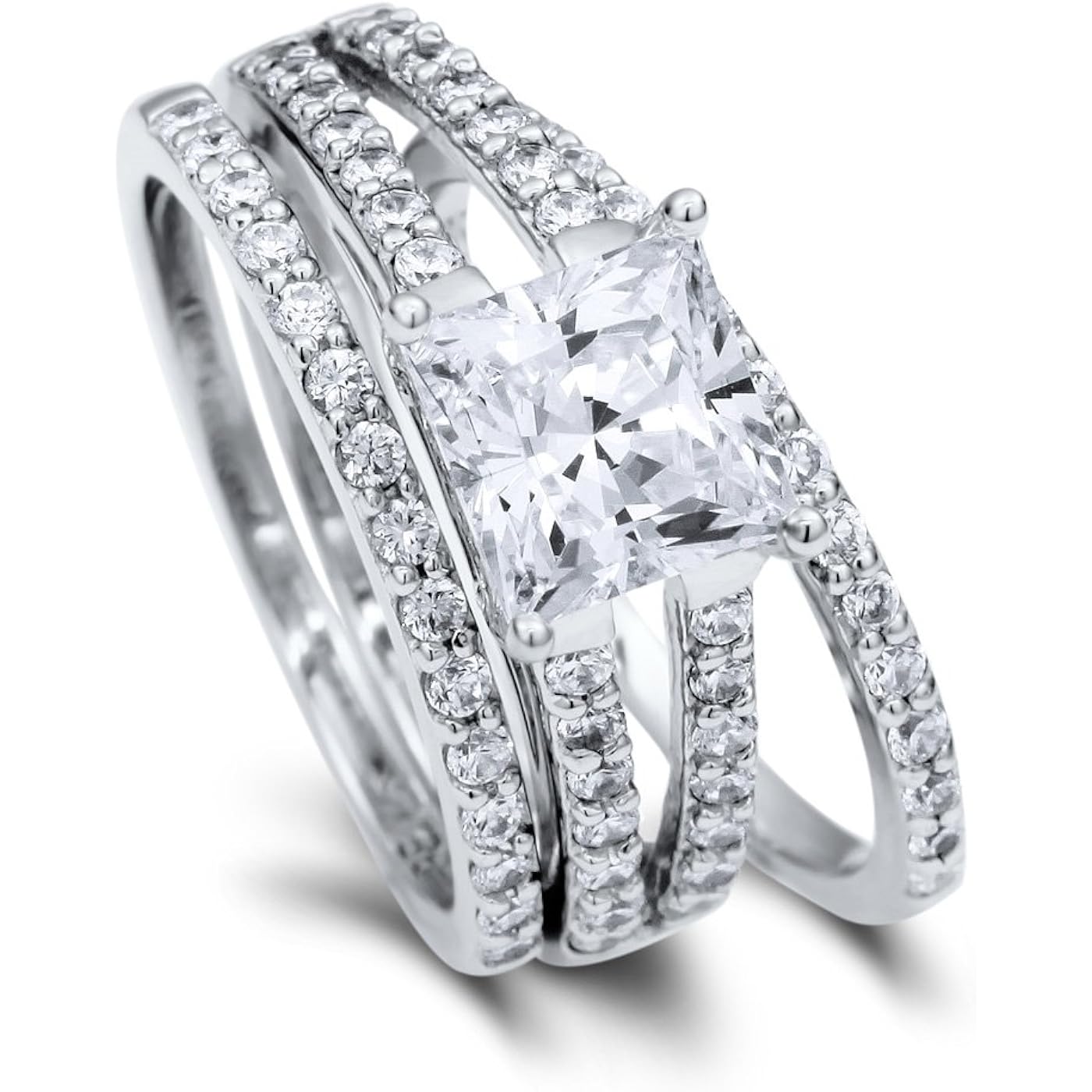 BERRICLE Rhodium Plated Sterling Silver Princess Cut Cubic Zirconia CZ Solitaire Wedding Engagement Ring Set 1.7 CTW 