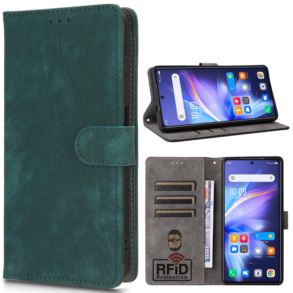RFID Blocking Wallet Case for Nokia HMD Pulse Pro, Card Holder, Wallet Magnetic Cover for Nokia HMD Pulse Pro-Green