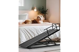 MEULBATY Dog Ramp for Bed, Adjustable Pet Ramp for Dogs to Get on Bed, Folding Dog Bed Ramp for Small/Medium/Large Dog & Cat, Wood Furniture Dog Ramp for Couch Bed Adjustable from 15" to 24" Height - Brown