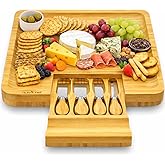 NutriChef Bamboo Natural Cheese Board Set with Bonus Condiment Cup-Extra Large Size 100% Home Organic Wooden Plate and Charcuterie Tray with 4 pcs Cutting Knife Slicer, 13" Square