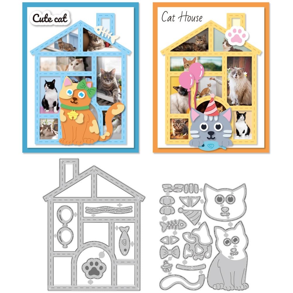 DELORIGIN Cat House Frames Cutting Dies Card Making Die Hollow Line Borders Stencil Metal Die Cuts Card Scrapbooking Embossing Template Dies for Cards Craft Paper Pet Album Invitation Background