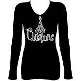 Christmas Tree Reindeer Back Rhinestone Bling Womens Long Sleeve V Neck Tee Shirt