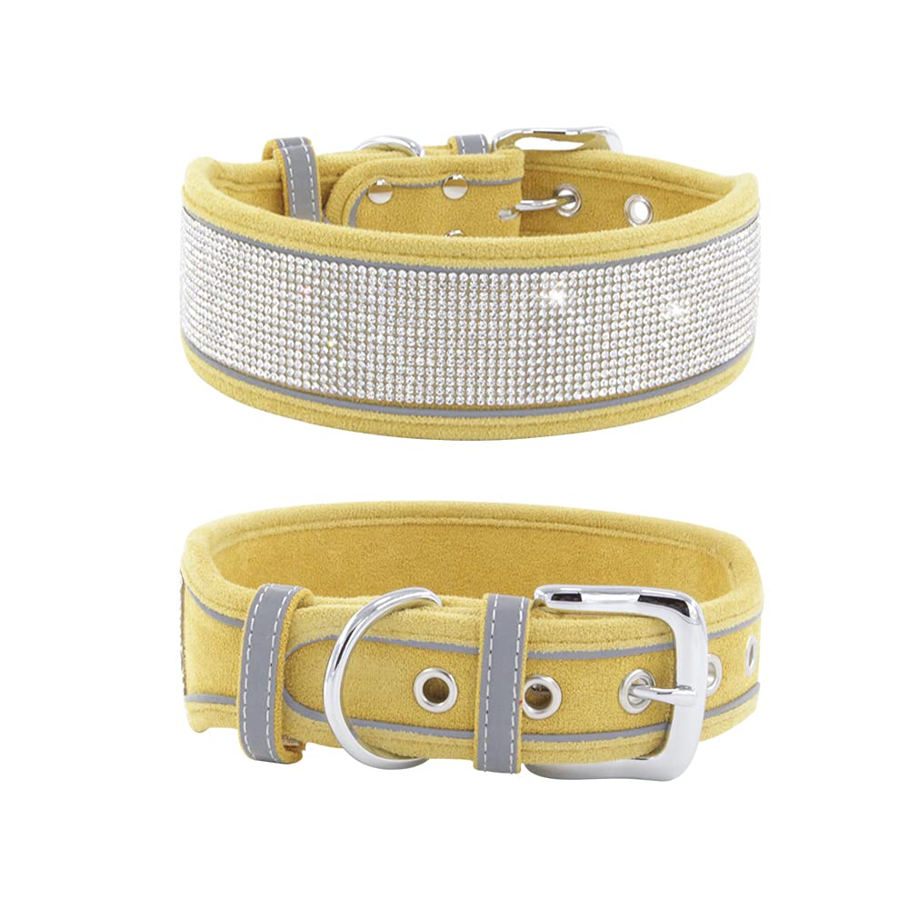 haoyueer Rhinestone Dog Collar, Dazzling Sparkling Soft Suede Reflective Large Dog Collar Crystal Diamond Collar for Medium & Large Dogs (L:19-23", Yellow)