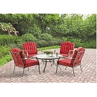 Sale Maintays Warner Heights 5 Piece Outdoor Patio Yard Garden Furniture Dining Set Includes Four Chairs With Red Polyester Cushions And A Tempered Glass Top Table Cushioned Steel Frame