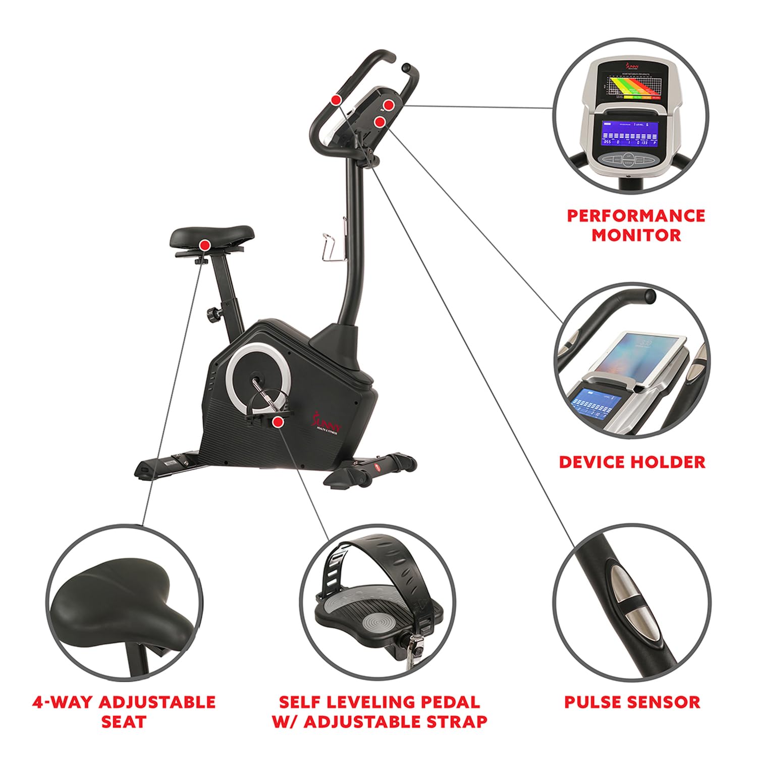 Sunny Health & Fitness Exercise Bike w/Pulse Sensors & Adjustable Cushion Seat, Home Cardio Training Machine for Adults/Seniors' Indoor Cycling Workout, Optional Compact Foldable or Electro-Magnetic