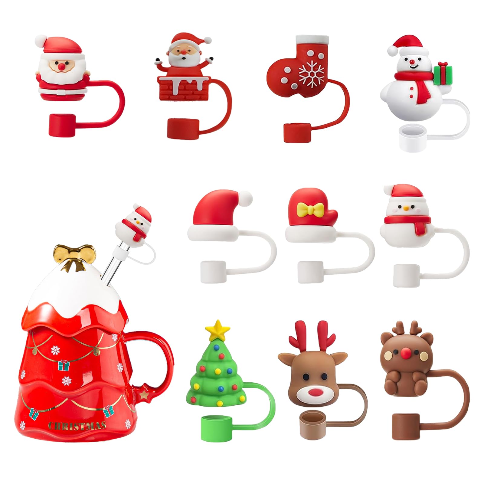 10 Pcs Christmas Straw Covers, Reusable Cute Shape Protectors, Silicone Topper Cap, 10mm Cups Accessories Anti-Dust Tip