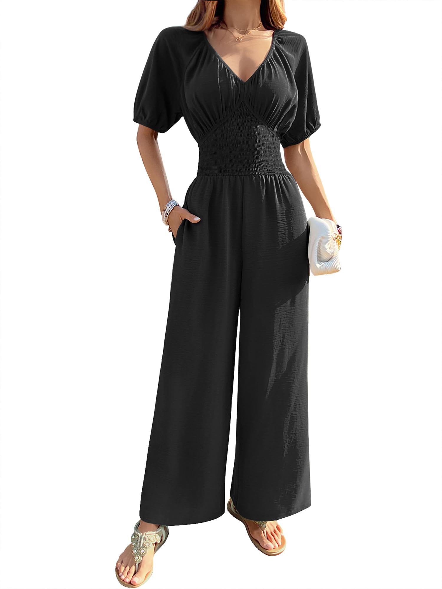 Photo 1 of BB&KK Women's Summer Jumpsuit Dressy Short Sleeve V-Neck Smocked High Waist Wide Leg Pants One Piece Romper with Pockets Black M