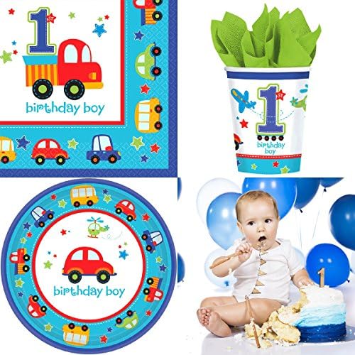 All Aboard Boy First Birthday Party Supplies, Complete Pack for 16 Guests, Includes Plates, Cups, and Napkins