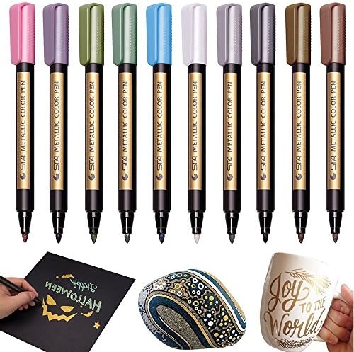 Prochive Metallic Markers Pens Metallic Color Painting Pens Art Marker Point Metal Art Permanent Marker Set, Set of 10 Assorted Vibrant Colors Use on any Paper Glass Plastic Pottery Wood Surface for Card Making, Painting Rocks,Black Paper, Glass,Wood, Album,Christmas DIY Craft Kids