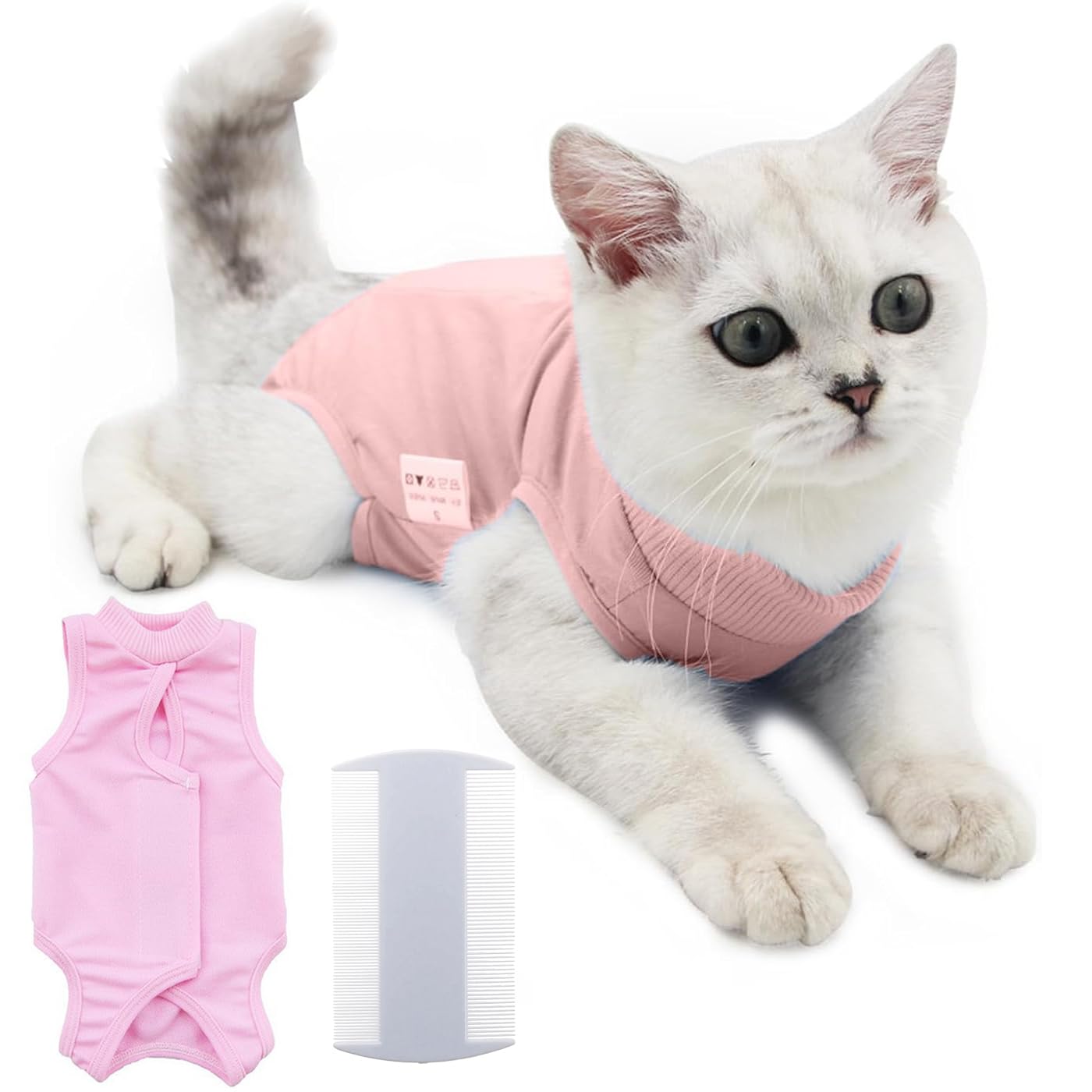AYNKH Cat Surgery Recovery Suit Cat Clothes Kitten Onesie, Cat Body Suit To Stop Licking Medical Vest, Cone of Shame Alternative Surgical Spay Suit for Female Cat, 3 Size with Comb (Pink, S)