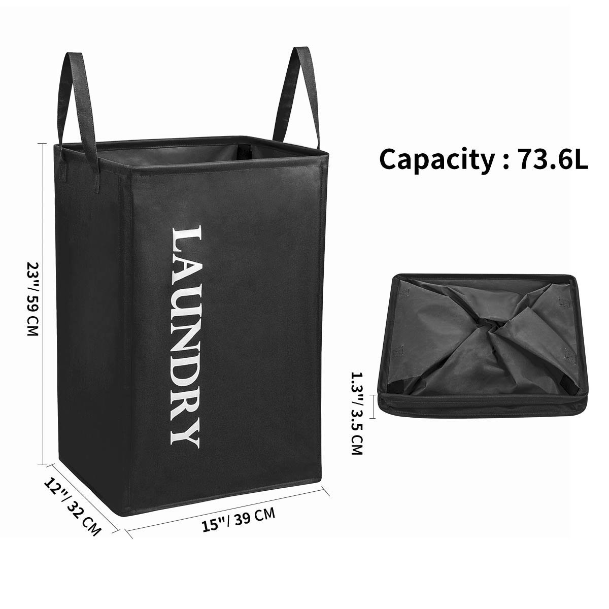 Chrislley Foldable Laundry Basket Large Standing Handy Rectangular Laundry Bin 600D Oxford Fabric Waterproof Laundry Hamper 73.6L (Black)