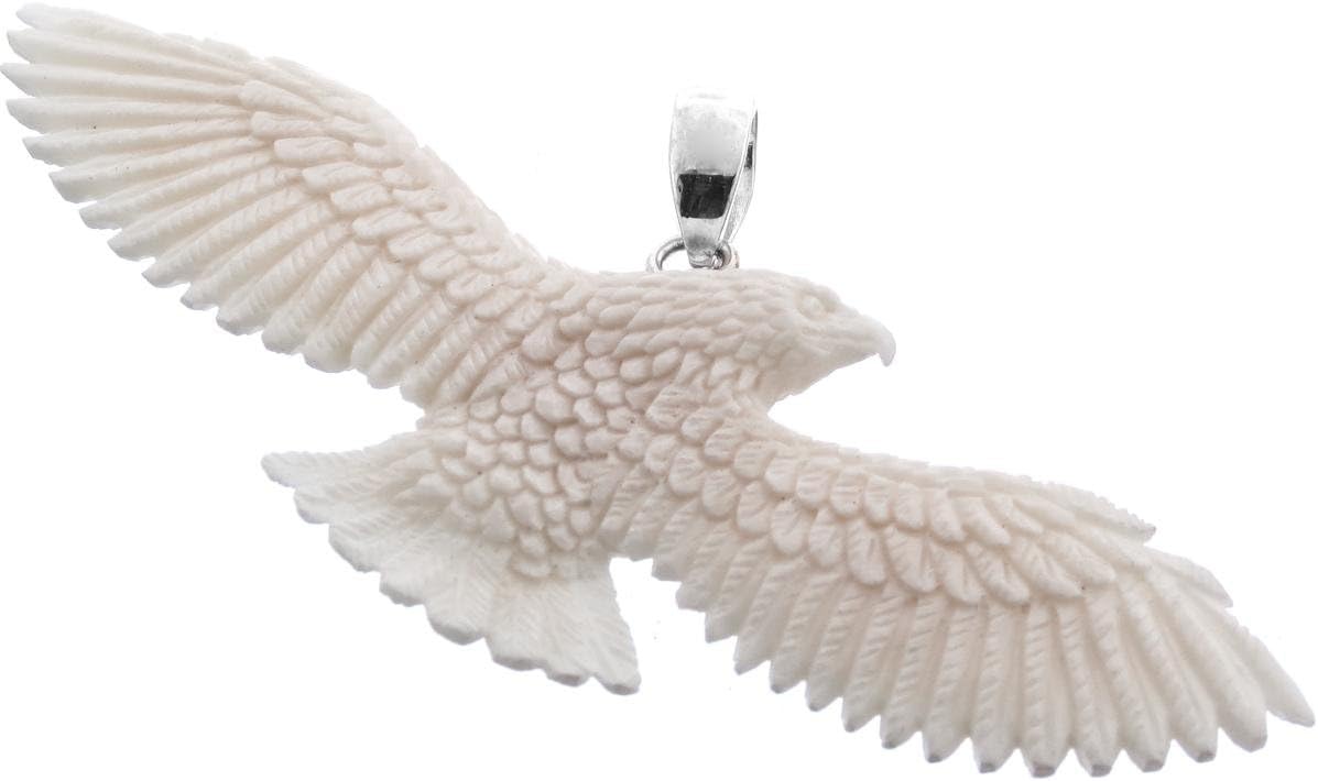 FifiRose Flying Eagle Hand Carving Buffalo Bone 925 Sterling Silver Pendant