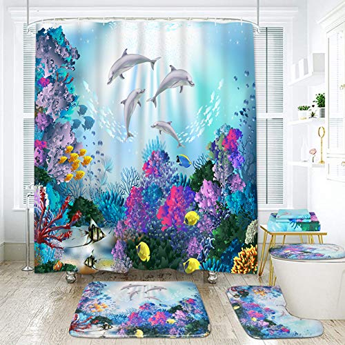 Ikfashoni 7 Piece Dolphin Shower Curtain Set with Rugs and Towels, Include NonSlip Rug, Toilet