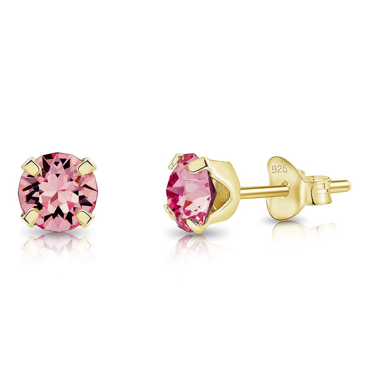 DTPSilver - 925 Sterling Silver Yellow Gold plated Round SMALL Stud Earrings made with Glittering Crystals from Swarovski® Elements - Diameter: 5 mm - Colour : Light Rose