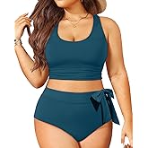Plus Size Two Piece Swimsuits - Women High Waisted Bikini Scoop Neck Bathing Suit Swimwear
