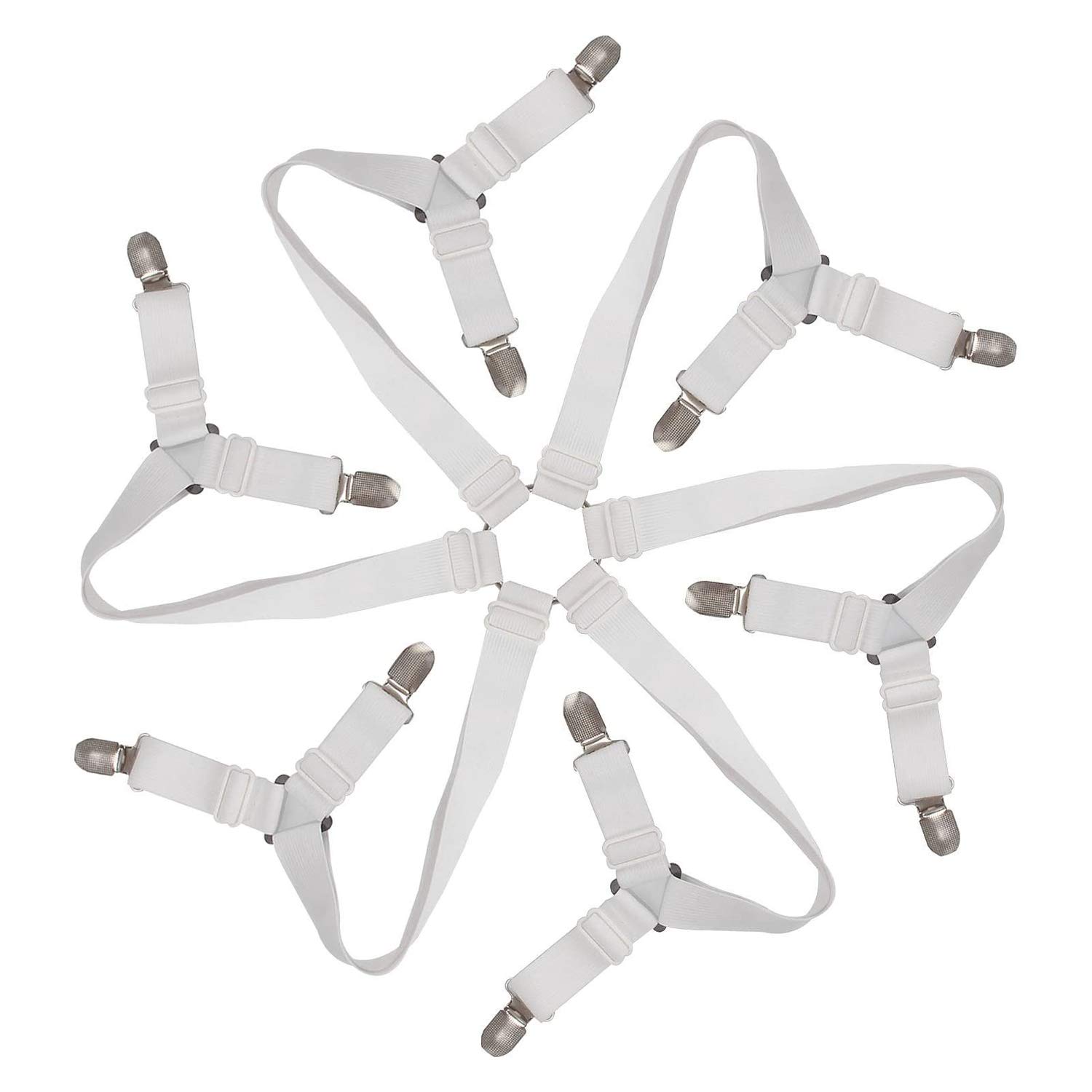 BaiJ Bed Sheet Clips,3 Way 6 Sides Bed Sheet Fastener Straps Elastic Adjustable Sheet Corner Holder Grippers for All Round and Square Mattresses White