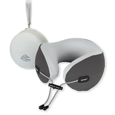 SKYTRAX COMF® Premium Ergonomic Memory Foam Travel Neck Pillow, Washable Cooling Ice Silk Cover, Firm Neck Support for Airplane Long Flights & Pain Relief, with Portable Carry Case (Grey)