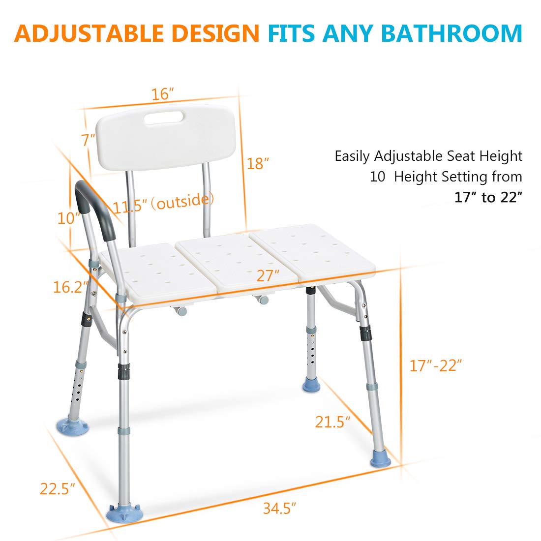 OasisSpace 500lb Tub Transfer Bench for Bathtub, Heavy Duty Bath & Shower Transfer Bench with Backrest, Shower Chair Seat Stool Bath Chair for Elderly Seniors, Non-Slip