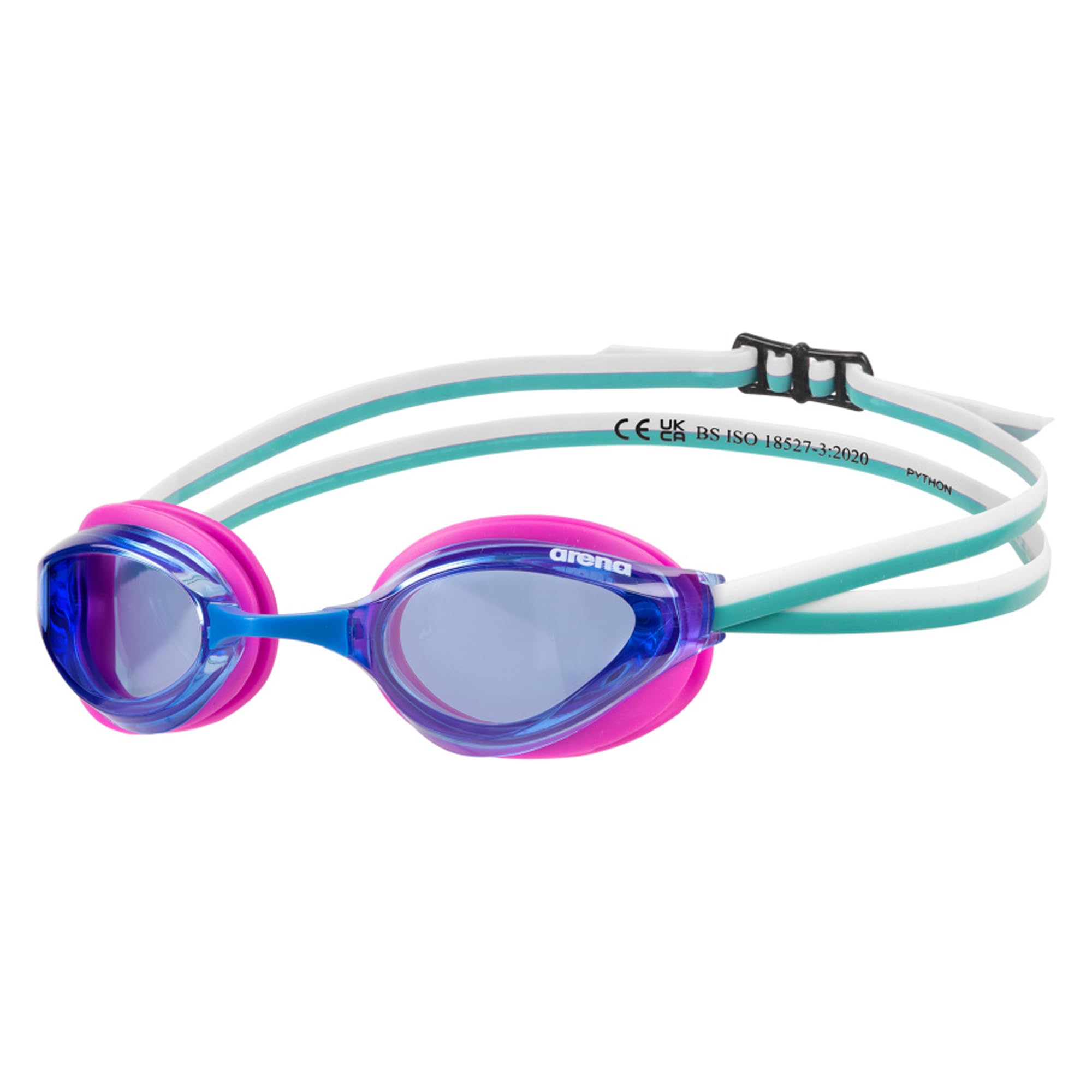 Arena Unisex Python Racing Swim Goggles for Men and Women Anti-Fog Non-Mirror Lens Max Comfort Dual Strap, Blue/Fuchsia/Water
