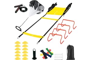 MKSY Agility Ladder Speed Training Equipment Set, Includes 20ft Agility Ladder, Parachute, 4 Agility Hurdles, 12 Disc Cones, 1 Jump Rope, 4 Stakes & 5 Bands for Basketball Soccer Training