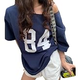Women's Oversized Jersey Off Shoulder Shirt Crewneck Number Graphic T Shirt Y2k E-Girl Summer Going Out Tops