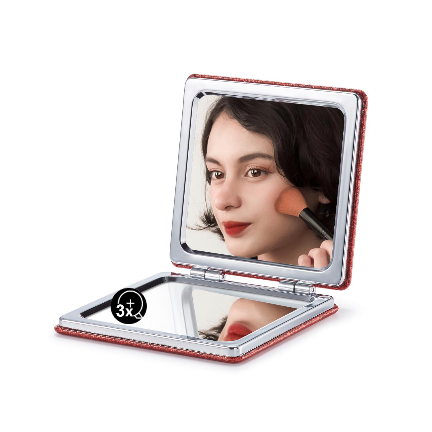 OMIRO Compact Mirror with 1x/3x Magnification, Square with PU Leather, Small Mirror for Purses, Daily Makeup (Glitter Red)