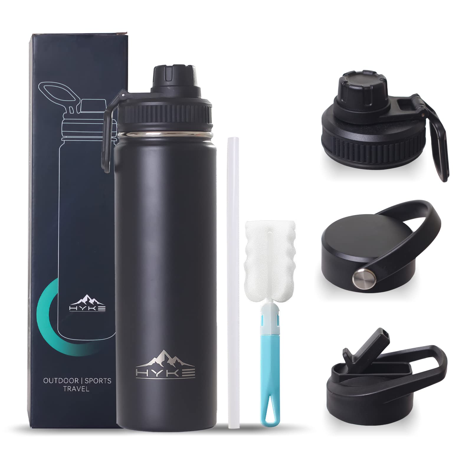 Vacuum Insulated Water Bottle Leakproof with 3 Replaceable Cup Lids Outdoor Mug for Cycling, Running, Gym, Camping, Travel (Black)