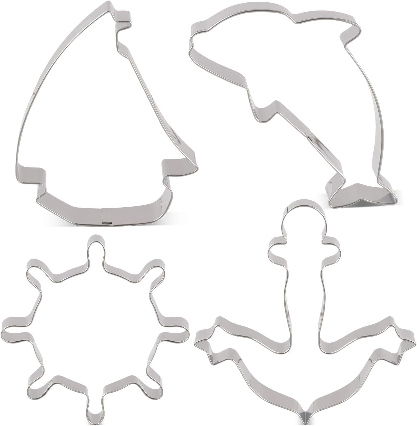 KENIAONautical Cookie Cutter Set - 4 Piece - Anchor, Sailboat, Rudder and Dolphin Fondant Biscuit Cutters - Stainless Steel