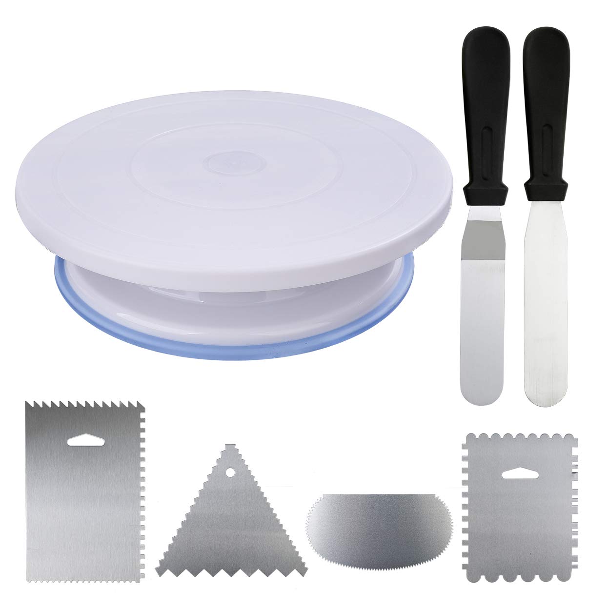 Cake Decorating Supplies Kit Professional Baking Tools Set 11 Inch Rotating Round Turntable Stand and Spatulas Icing Smoothers for Baking Pastries and Cupcakes 7 Pcs