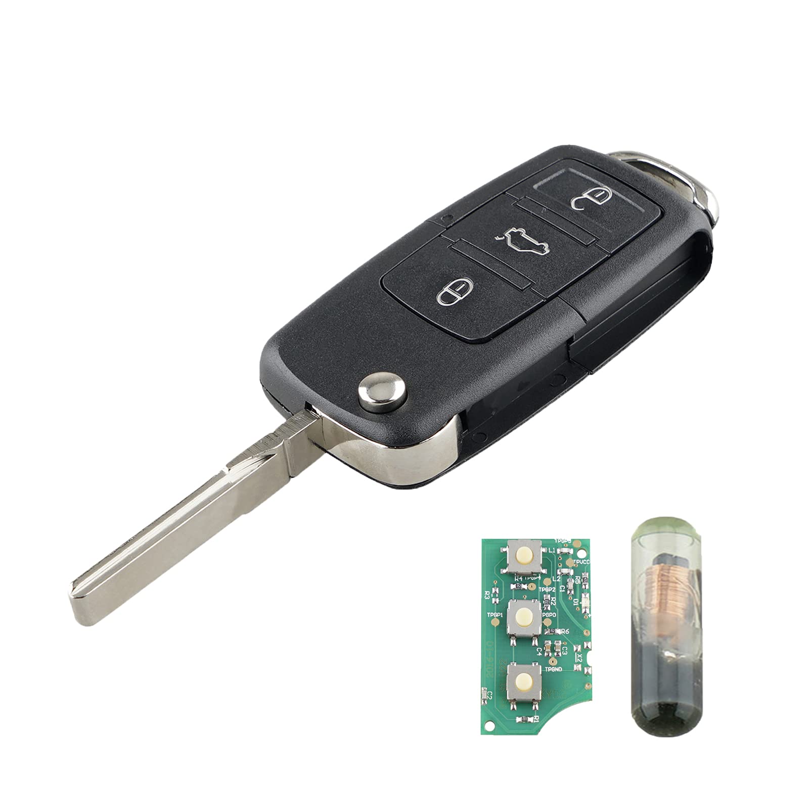 Heart Horse 3 Buttons Folding Flip Remote Car Key Fob Cover Replacement for V w MK5 Golf Seat Leon Sko-da Octavia Caddy Tour-an 2003-2010 Key Case Shell with ID48 Chip (OEM:1K0959753G)