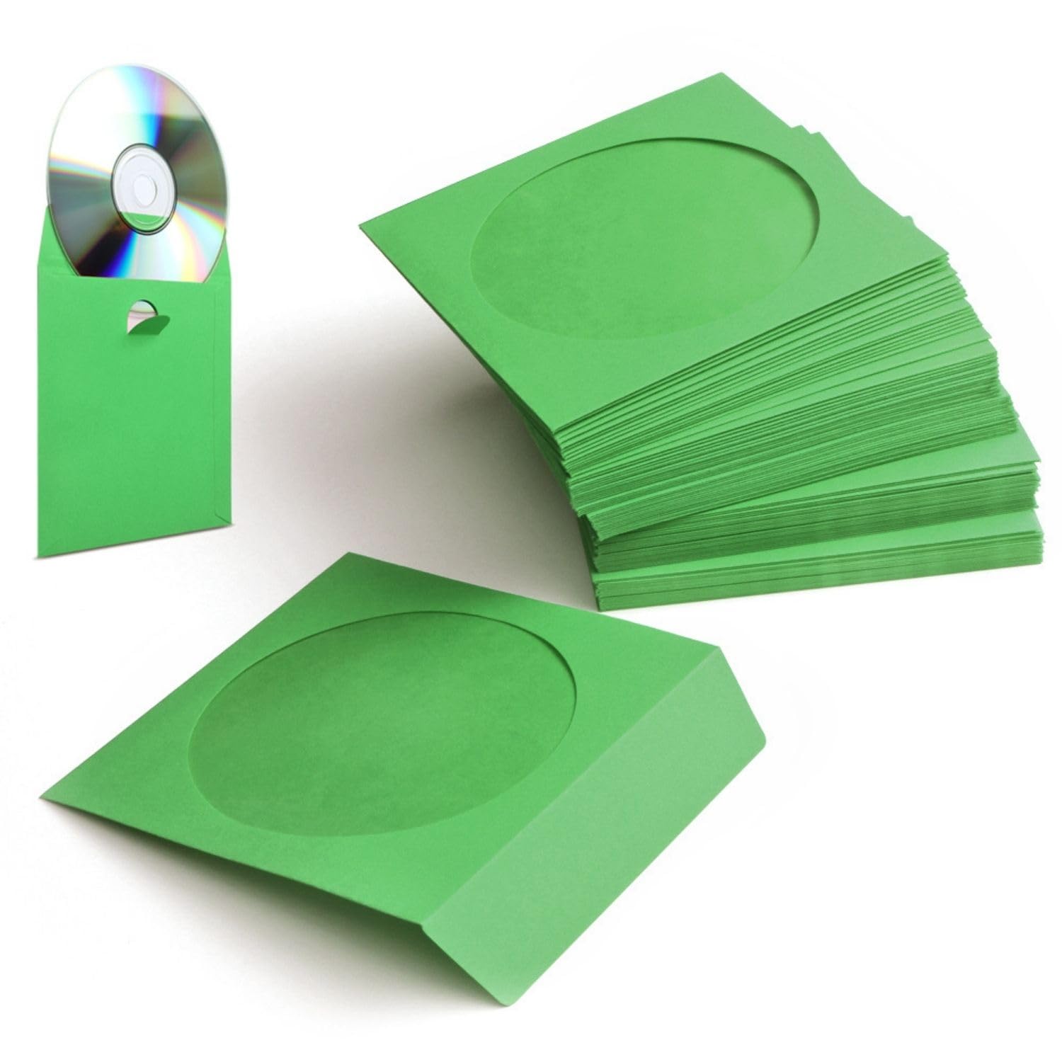 Flexzion DVD CD Sleeves 100 Pack - Premium Paper CD Sleeves for Blank CDs for Burning Music Movie Video Game Disc - Thick Disc Sleeve CD Envelopes Storage with Window Cutout and Flap, Green
