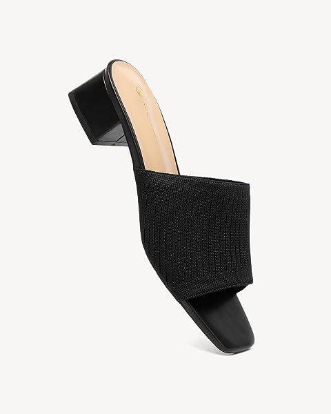 NEWBELLA WOMEN’S KNIT SQUARE TOE MULE SANDALS – CHUNKY HEEL SLIP-ON SUMMER SHOES, COMFORTABLE CASUAL SLIDES FOR VACATION & BEACH, BLACK 8