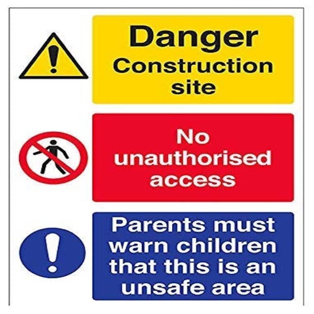 V Safety 6C020BC-R Multi Hazard Site Safety Must Warn Children Warning Sign - Portrait - 300mm x 400mm - 1mm Rigid Plastic, Black/Blue/Red/Yellow — image 1