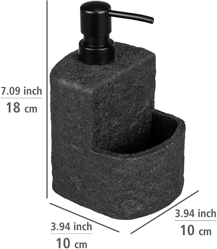Dispensador de detergente Festival Stone, dosificador de jabón rellenable con aspecto de piedra, poliresina, para cocina, compartimento extra para estropajo, capacidad 380 ml, 10,5 x 18 x 11 cm