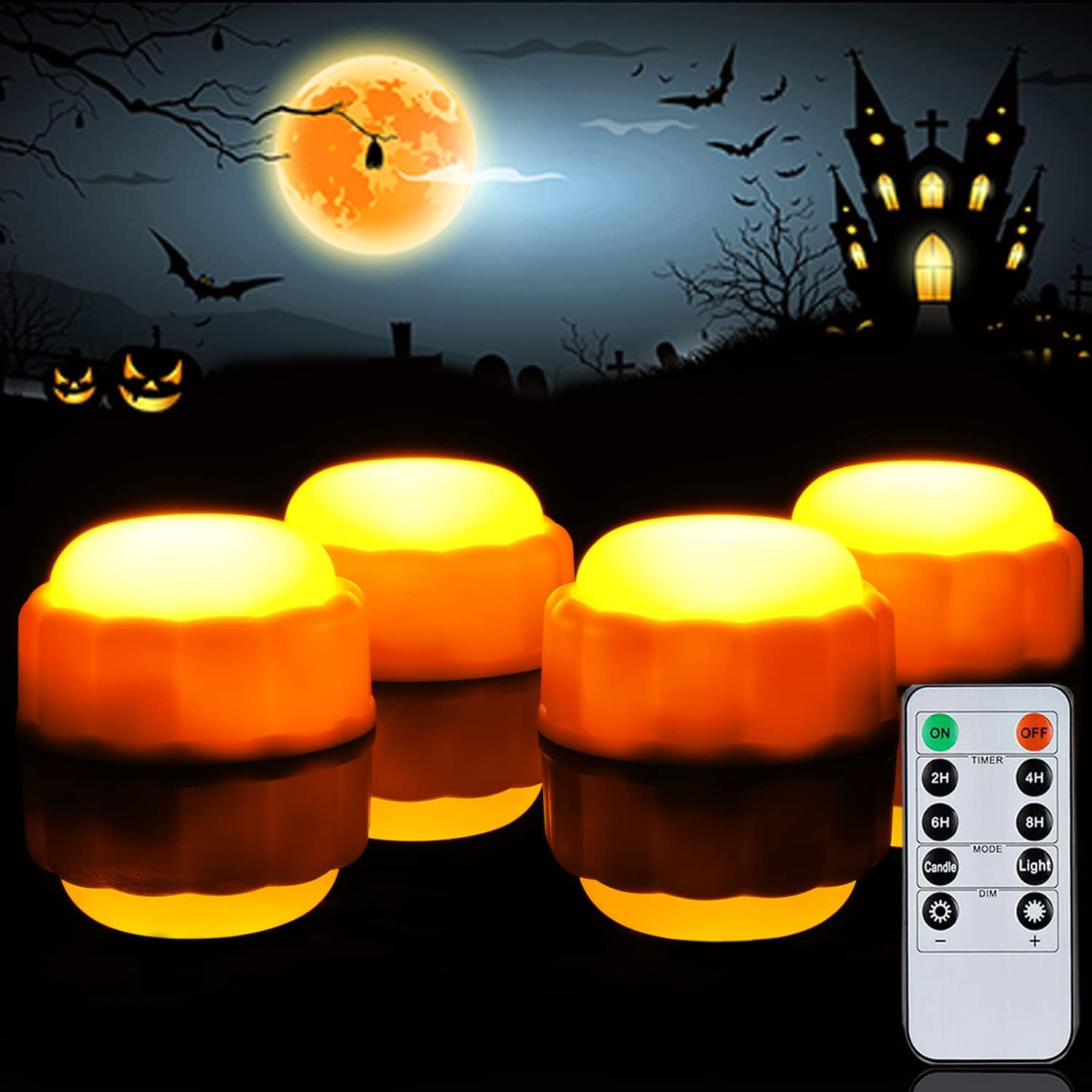 Lighting - Amagic Halloween LED Pumpkin Lights with Remote and Timers, Battery Operated Jack-O-Lantern Lights, Bright Flickering Electric Candles for Halloween, Fall Decorations, Outdoor, Orange, Set of 4