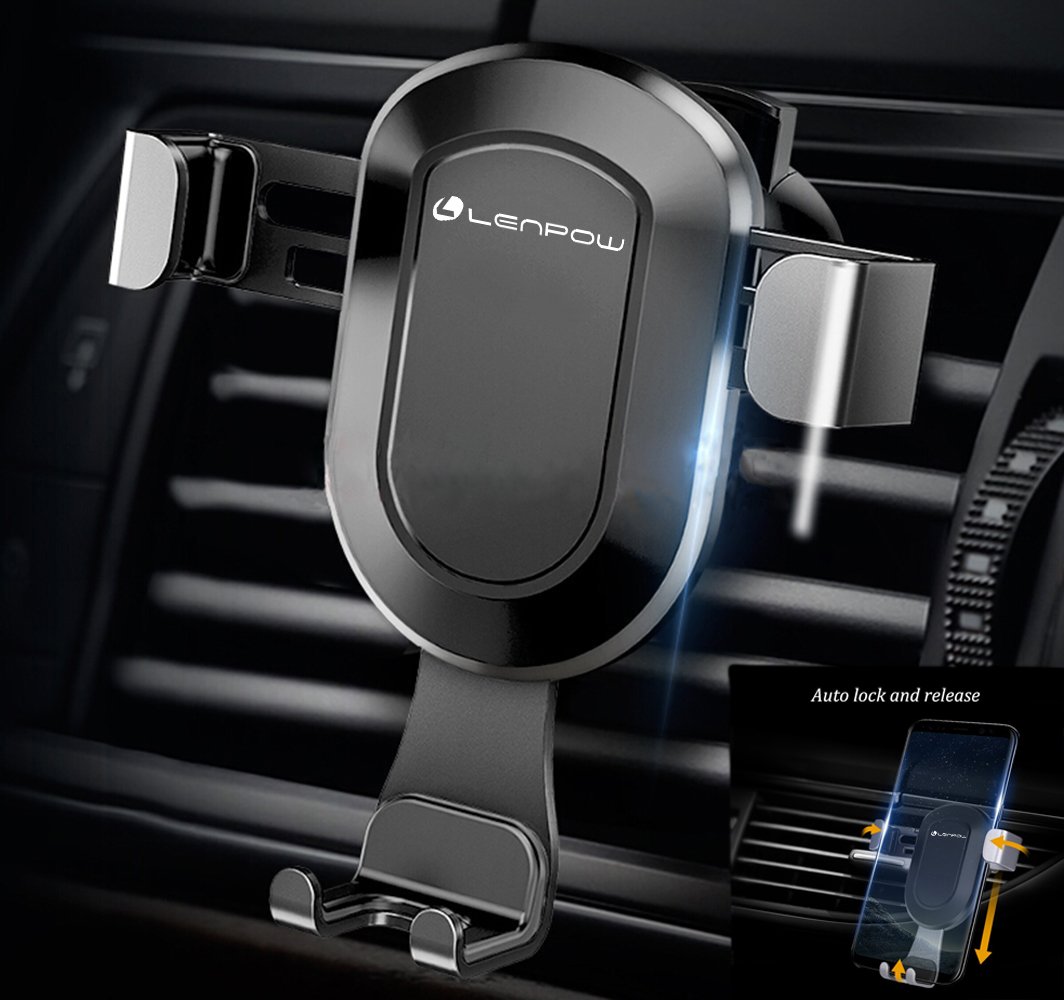 LENPOW Cell Phone Mounts Holder for Car Air Vent Universal Mobile cradle Aluminum Stand Gravity Auto Lock and Release for iPhone X 8 7 6s 6 Plus Samsung Galaxy s8 S7 S6 LG Nexus Sony Nokia up to 6.2\
