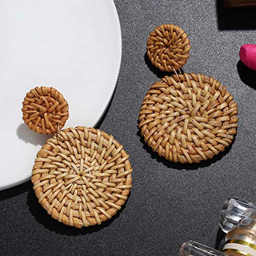 XOCARTIGE Woven Rattan Earrings Handmade Wicker Earrings Straw Knit Hoop Earrings Lightweight Raffia Braid Drop Dangle Earring for Women Girls (Double Disc) - Thumbnail 4