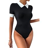 Verdusa Women's Colorblock Short Sleeve Collar Ribbed Skinny Bodysuit Top