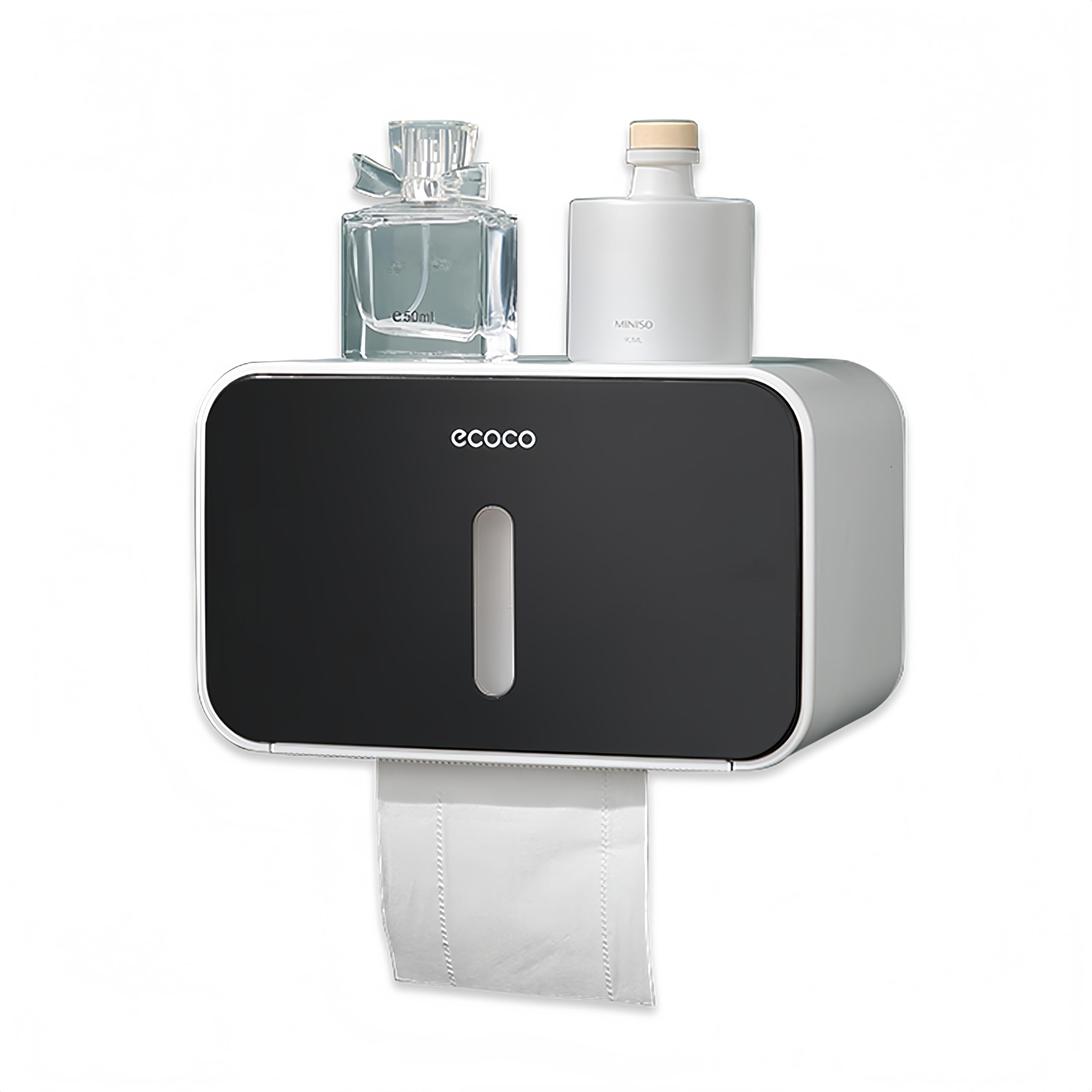 Meiyijia Wall-Mounted Toilet Paper Holder with Storage Shelf, Self-Adhesive No Drilling: Bath Installations with Waterproof and Dustproof (Black)