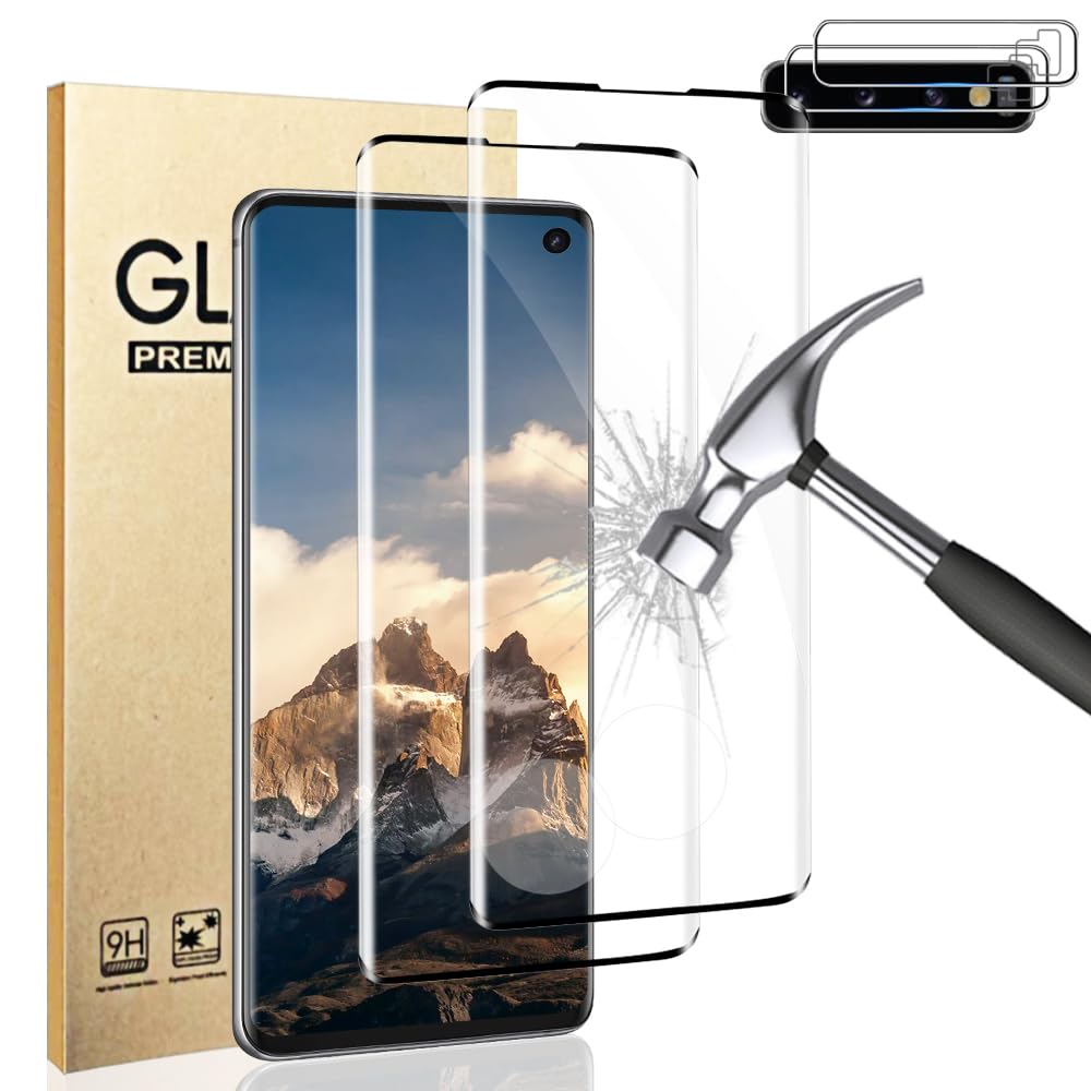 Photo 1 of [2+2 Pack] Galaxy S10 Screen Protector and Camera Lens Protector, Fingerprint Unlock, 9H Hardness Tempered Glass, Anti-Scratch, HD Clear Full Coverage Glass Film, Bubble-Free, for Galaxy S10 6.1 Inch